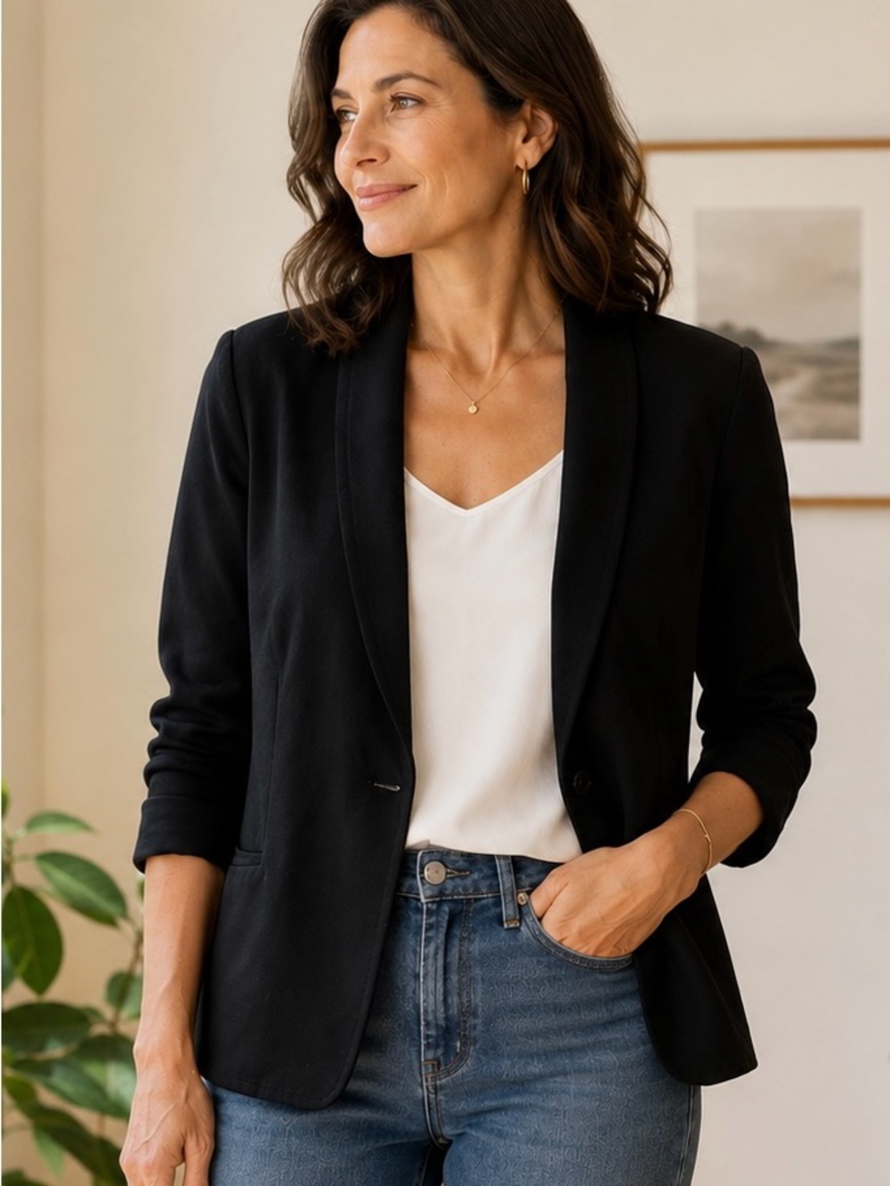 Eileen Fisher Black Rayon Shawl Collar Blazer - Large